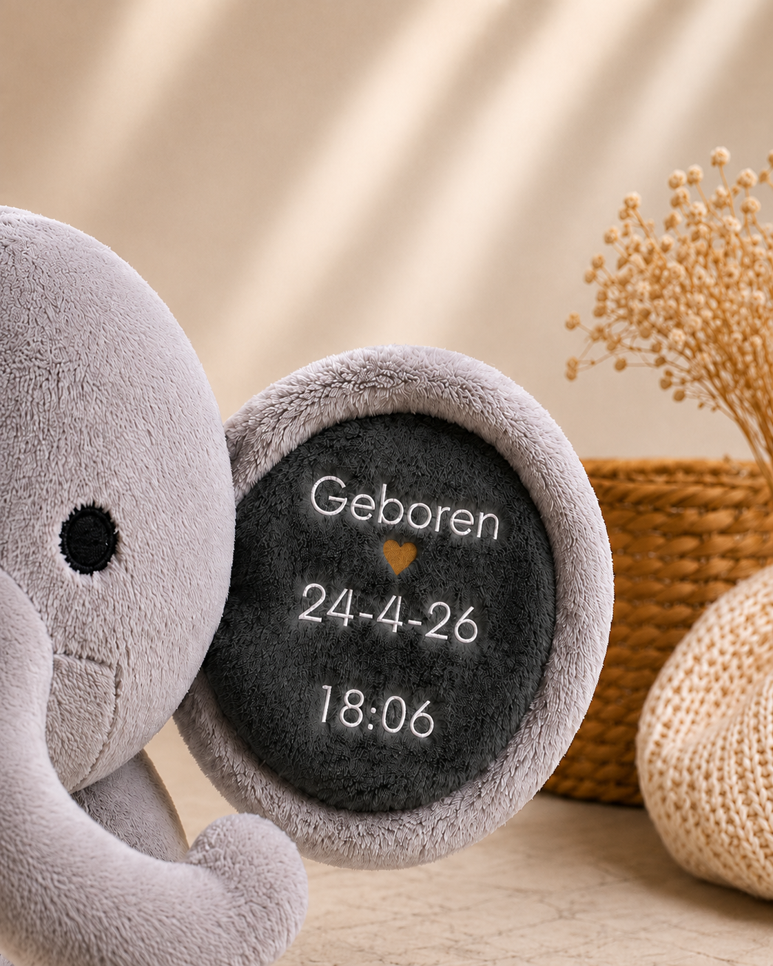 Gepersonaliseerde olifant met geboortegegevens 🐘🤍